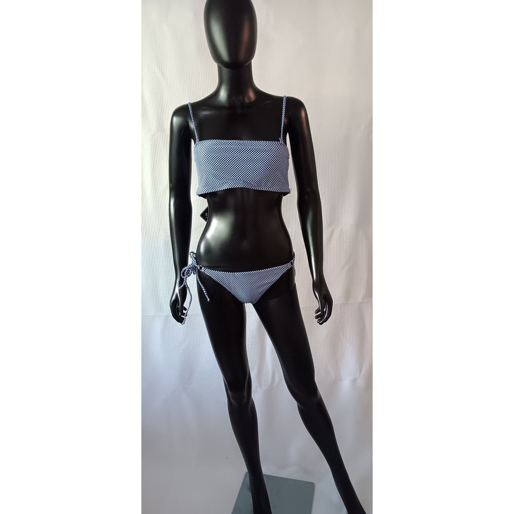Zaful Women Navy White Checker Print 2 Piece Bikini Set Side Tie Bottoms Size 8